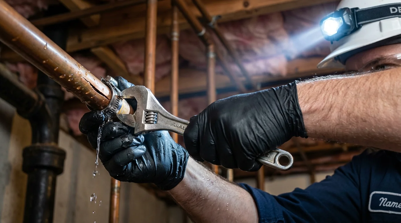 Emergency pipe clamp repair being performed by a Johns Plumbing LLC plumber in David City