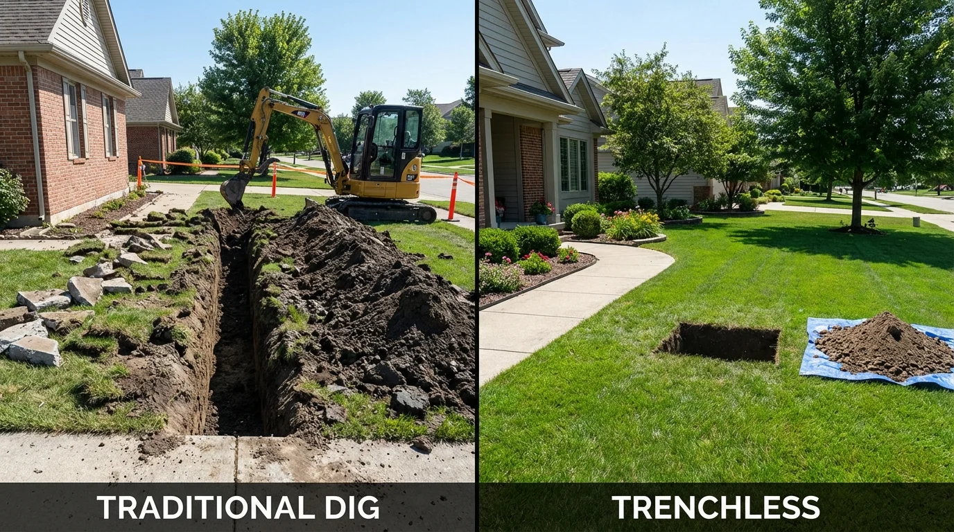 Trenchless sewer repair with minimal yard damage versus traditional excavation in David City, NE