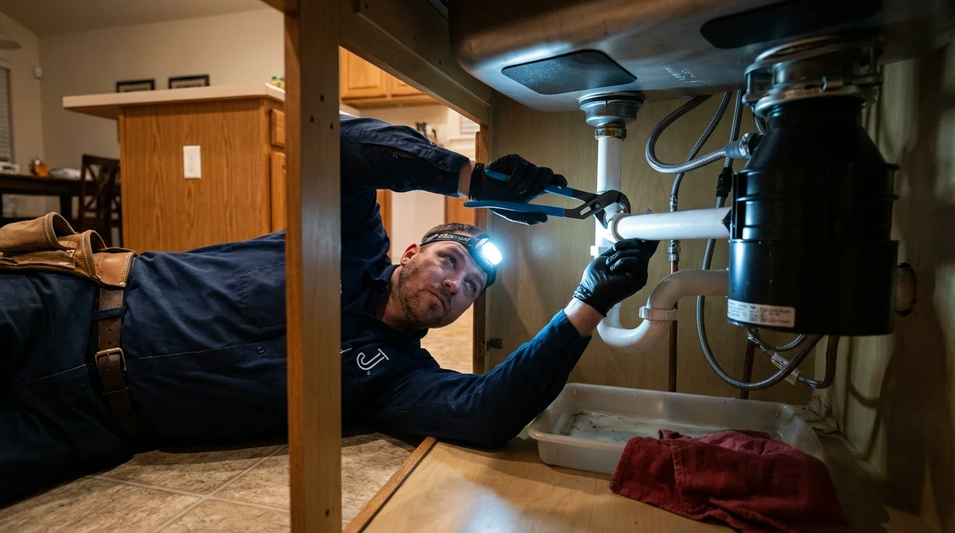 P-trap and supply line connections under a kitchen sink showing a common leak point in David City, NE